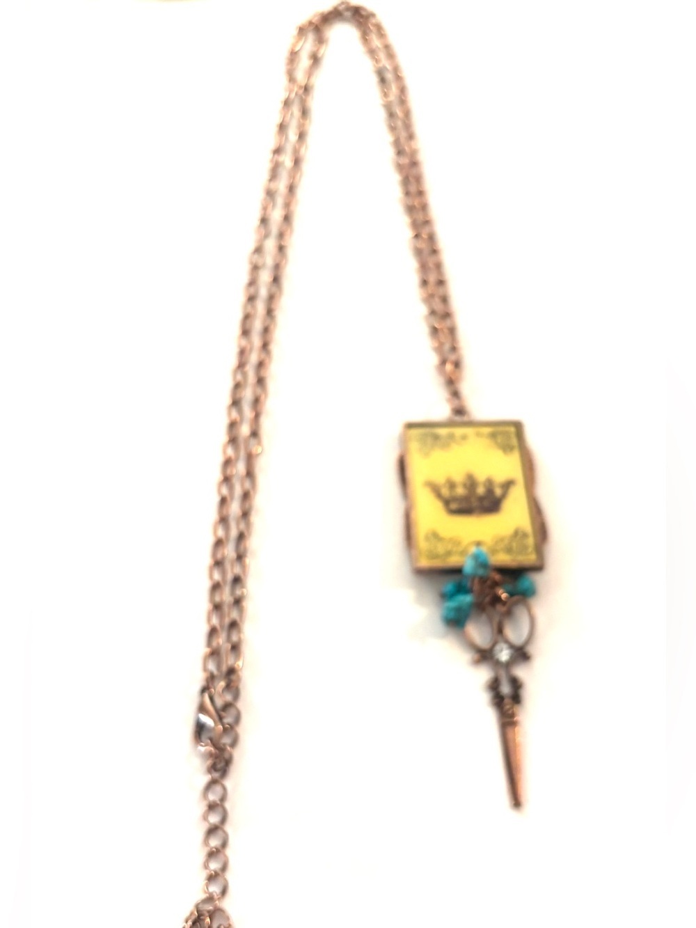 Yellow Enamel Crown Pendant Necklace with Turquoise Accents